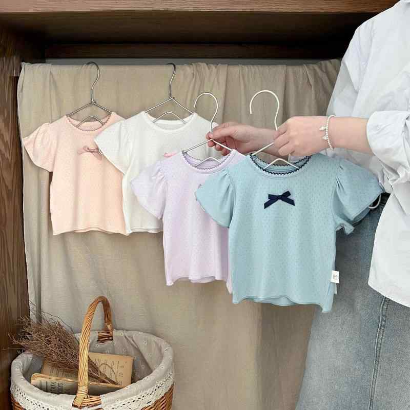 トップス 女の子 ベビー キッズ 半袖 夏物 薄手 丸首 吸湿速乾 柔らか 肌触り ポリエステル かわいい おしゃれ リボンモチーフ ピンク ブルー パープル ベージュ