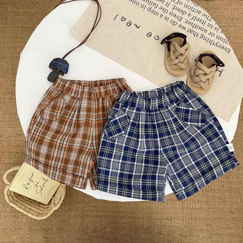 キッズ 男の子 ハーフパンツ 綿 薄手 涼しい 通気性 チェック柄 カジュアル おしゃれ ウエストゴム ソフトな肌触り 普段使い お出かけ 子供服 ベビー服 春夏 半ズボン ボトムス オレンジ ネイビー