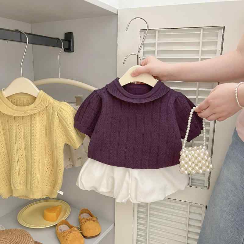 Tシャツ カットソー 女の子 ベビー 幼児 無地 プルオーバー 透かし編み フリル襟 ニット半袖 吸湿速乾 薄手 柔らかい かわいい おしゃれ 普段使い 春夏 パープル イエロー