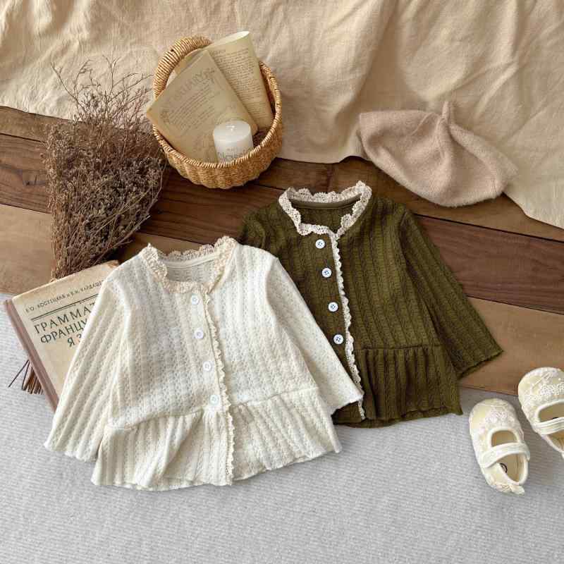 カーディガン ベビー 女の子 韓国 プリンセス フリル レース 丸襟 長袖 ショート丈 無地 シンプル おし..