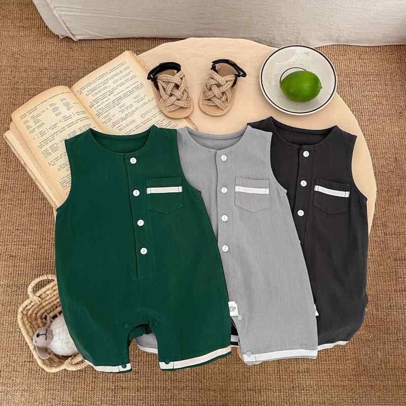 ロンパース 男の子 ベビー 赤ちゃん カバーオール ノースリーブ 前開き スナップボタン ポケット付き 薄手 綿 コットン 吸湿速乾 韓国 おしゃれ お出かけ 普段使い 春夏 ユニセックス 男女兼用 ダークグレー ライトグレー グリーン