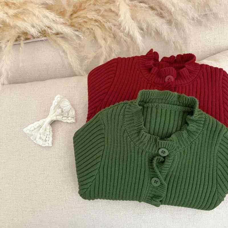 カーディガン 女の子 ベビー キッズ 韓国 フリル襟 ニット 長袖 前開き ボタン アクリル ソフトタッチ おしゃれ かわいい 普段使い お出かけ着 春秋冬 羽織り 幼児 赤ちゃん