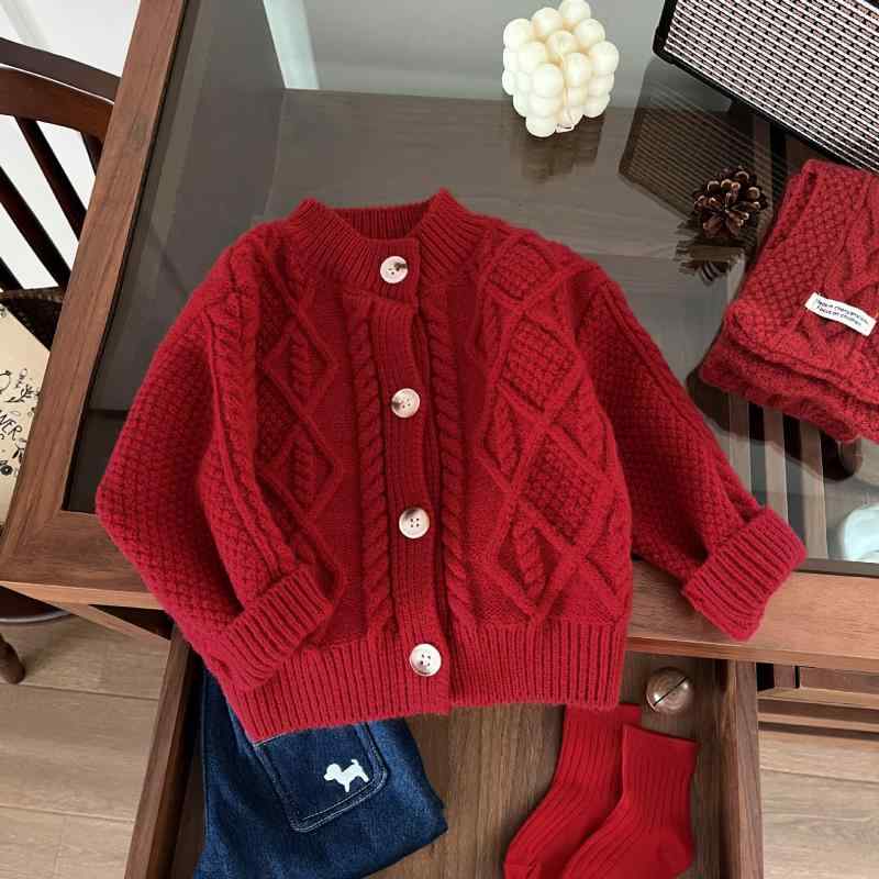 ニット カーディガン キッズ ベビー 男の子 女の子 男女兼用 秋冬 赤 レッド ケーブル編み アランニッ..