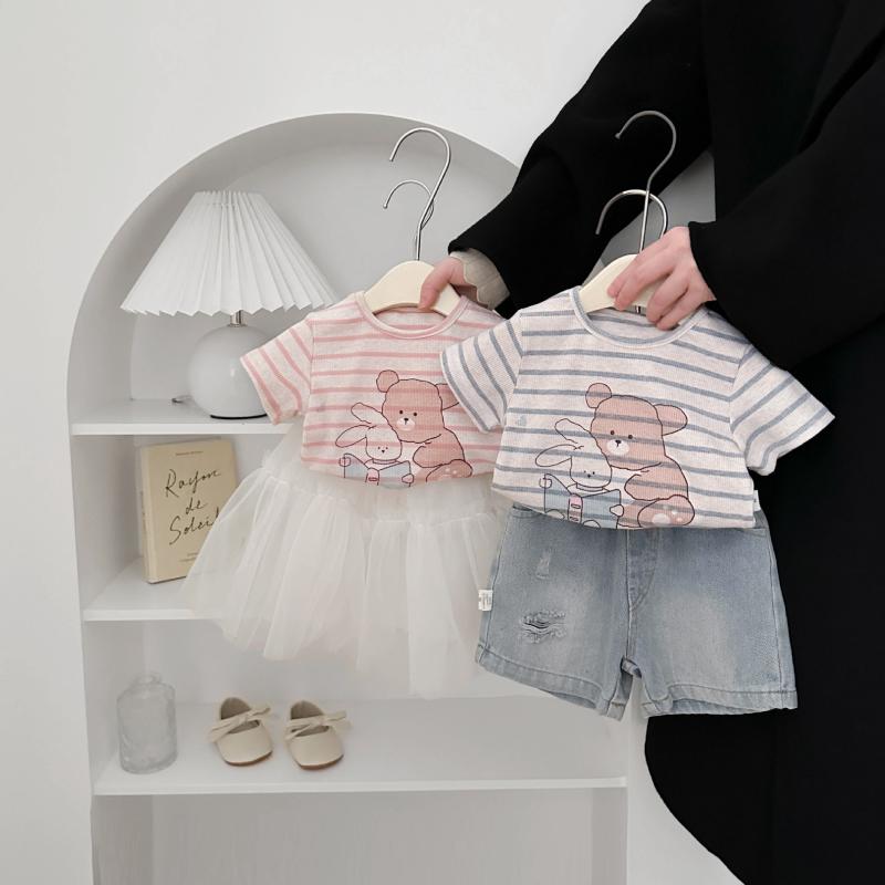 Tシャツ 女の子 ベビー 幼児 かわいい ストライプ柄 うさ耳 キャラクタープリント 半袖 ラウンドネック 綿 コットン 吸湿速乾 薄手 軽量 夏 普段使い ブルー ピンク