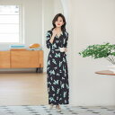 ワンピース レディース ラップワンピース Vネック 七分袖 ロング丈 タイト ハイウエスト ウエストマーク ブルーバード柄 花柄 ニット ストレッチ 伸縮性 エ...