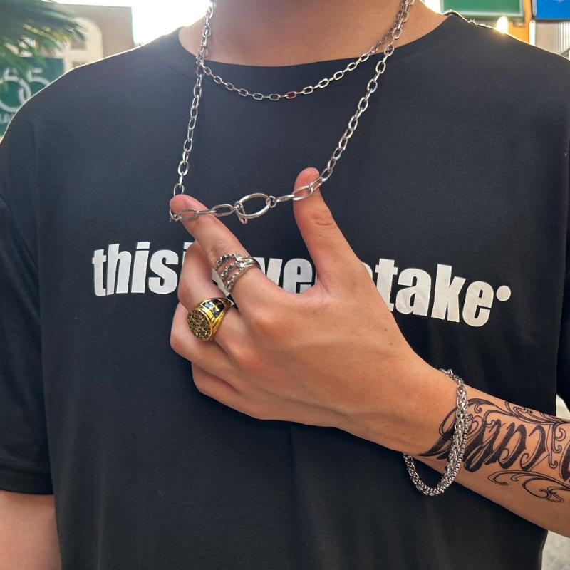 ネックレス メンズ チタン鋼 変色防止 錆びにくい 金属アレルギー対応 二連 多層 リング O字チェーン ..