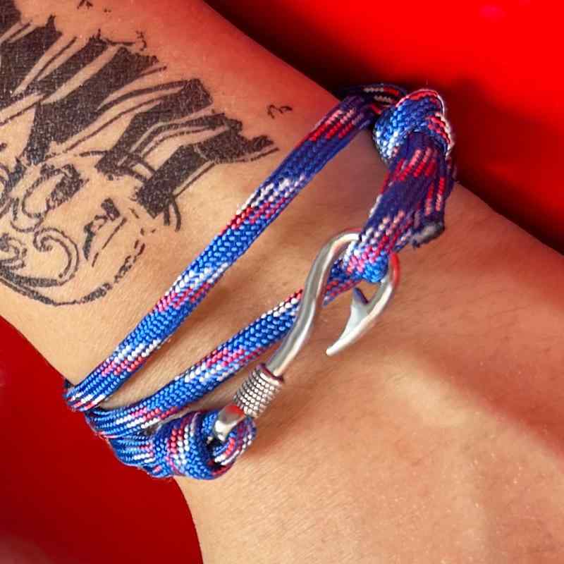 ブレスレット 男女兼用 ユニセックス コットンコード 綿ロープ 釣り針型 フィッシュフック 電気メッキ..