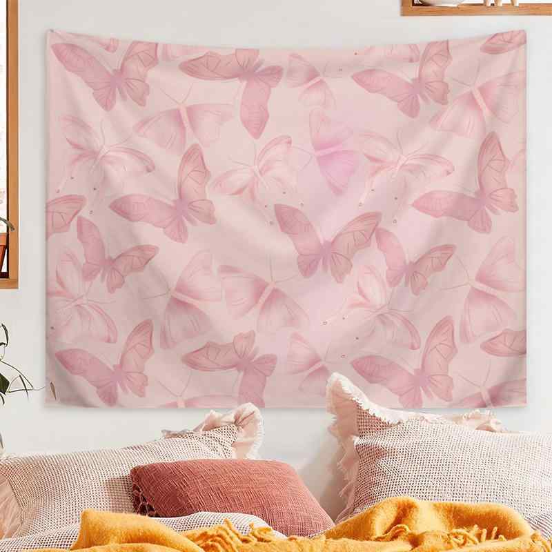 タペストリー かわいい ピンク 蝶々 キャラクター柄 ウォールデコレーション 寝室 ベッドルーム リビング 部屋飾り 背景布 おしゃれ ポリエステル 長方形