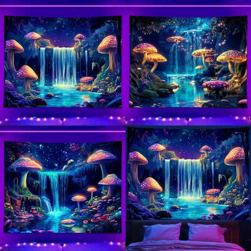 タペストリー 蛍光 紫外線反応 ブラックライト ファンタジー マッシュルーム 山水画風 ウォールデコレーション 壁飾り ポリエステル素材 部屋装飾 リビング 寝室 インテリア サイケデリック おしゃれ モダン カラフル