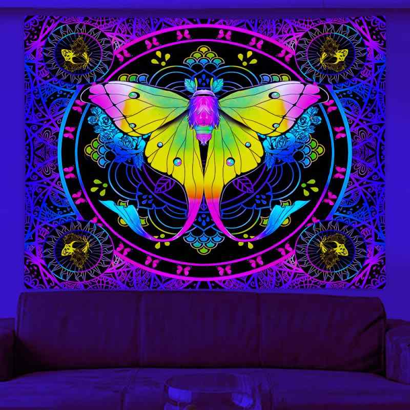 タペストリー 蛍光 蝶 紫外線 ブラックライト ボヘミアン風 抽象画 幾何学柄 北欧インテリア ポリエステル 長方形 壁飾り リビング 寝室 書斎 ダイニング 浴室 バルコニー 商用空間 手洗い可能