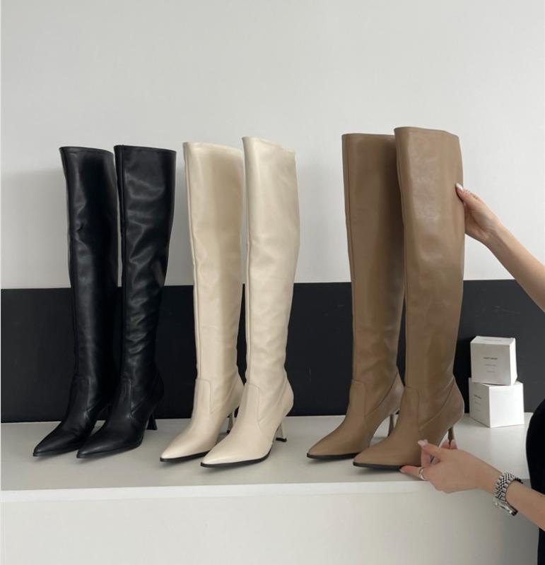 ブーツ レディース 欧米風 ポインテッドトゥ ピンヒール ハイヒール くしゅくしゅ ルーズ ロングブーツ..