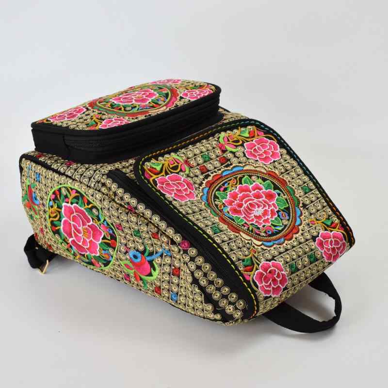 リュック レディース エスニック柄 花柄刺繍 キャンバス 帆布 大容量 大型 縦型 スクエア バックパック 学生 通学 通勤 普段使い ファスナー開閉 多収納 ポケット