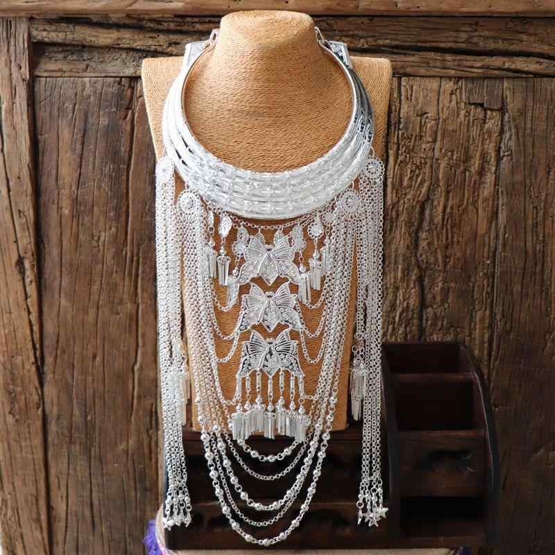 ネックレス レディース 女性用 民族風 エスニック レトロ アンティーク ヴィンテージ風 苗族シルバー 合金製 ロング チョーカー ブライダル 結婚式 パーティー 首飾り アクセサリー