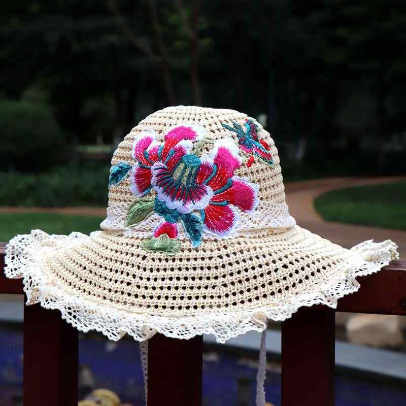 大つば帽子 レディース 女性用 民族風 エスニック 刺繍 レトロ クラシック 日よけ 紫外線対策 コットン 綿 カジュアル おしゃれ 普段使い トレンド かわいい 爽やか ベージュ カーキ