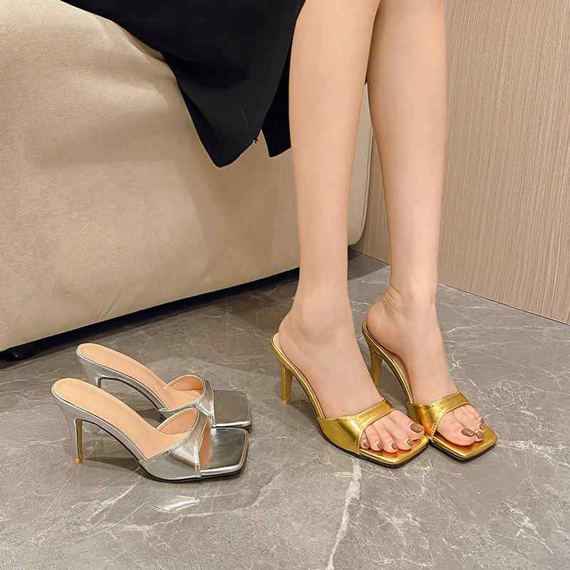 サンダル レディース 女性用 欧米風 レトロ アンティーク オープントゥ ハイヒール ミュール ゴールド シルバー 春夏