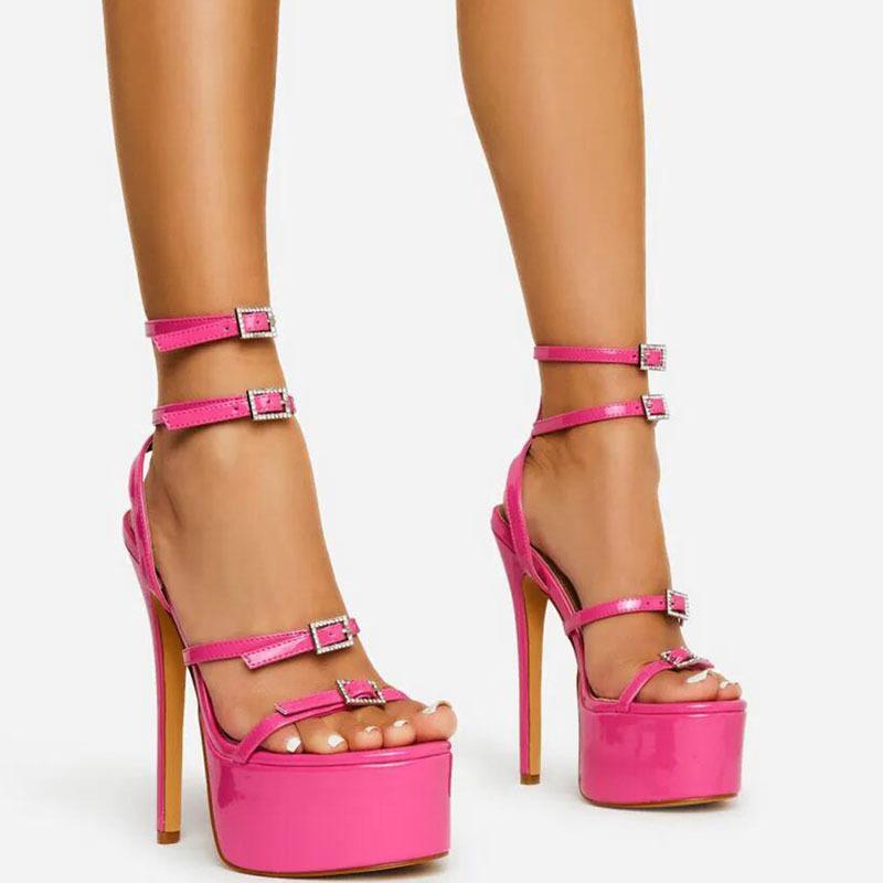 サンダル レディース 超ハイヒール 16cm 厚底 プラットフォーム オープントゥ ラインストーン ビジュー バックル ワンストラップ 大きいサイズ セクシー PUレザー 合成皮革 ブラック ローズレッド 春夏 パーティー ドレス 美脚効果