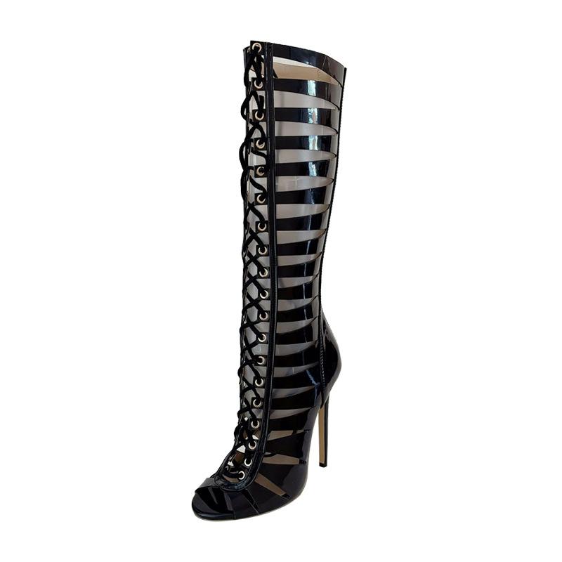 ローマサンダル レディース 春夏 欧米風 カットアウト エレガント オープントゥ 編み上げ ピンヒール 超ハイヒール サマーブーツ ブラック PUレザー 合成ゴム底 シンプル