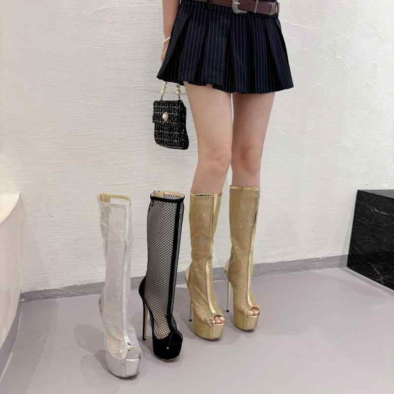 サンダル レディース 夏 ロング丈 サマーブーツ ハイヒール 細ヒール オープントゥ カットアウト PUレザー グラディエーター風 エレガント レトロ 万能 ブラック シルバー ゴールド