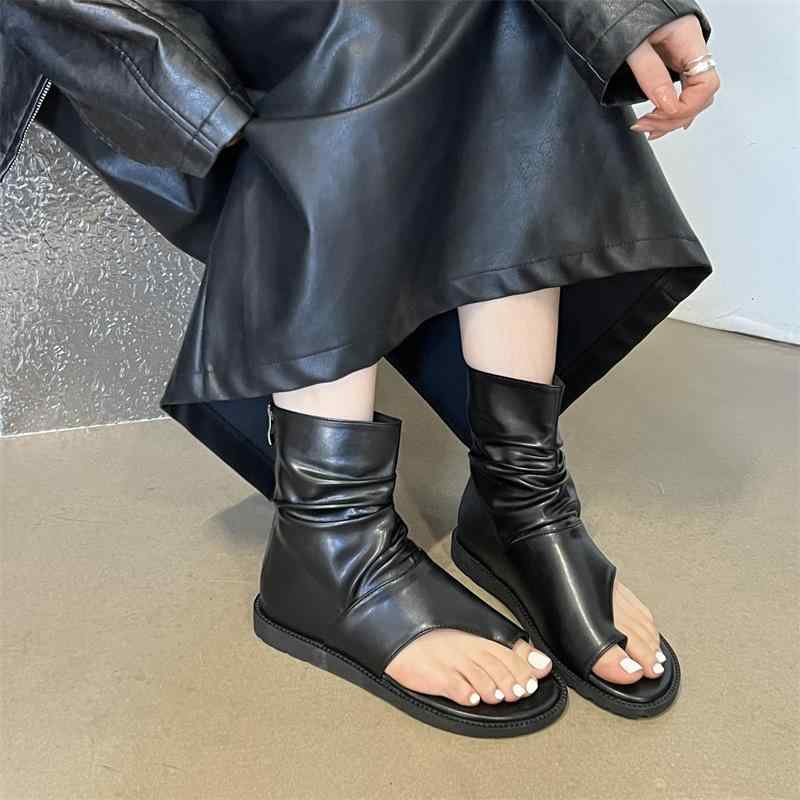 サンダルブーツ レディース ローマ風 レトロ グラディエーター風 トゥリング ハイカット パンチング 透..