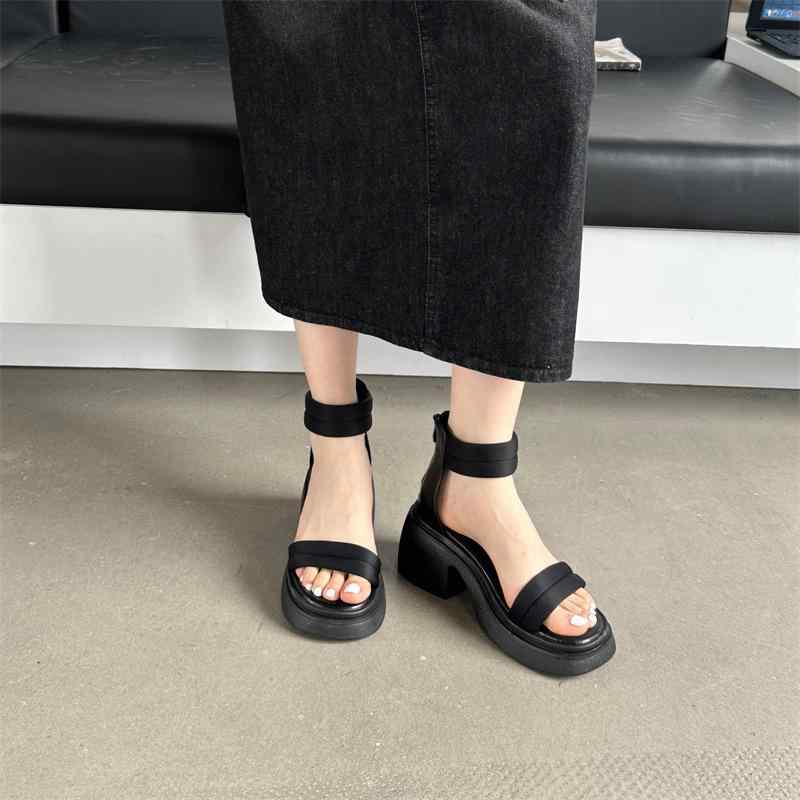 サンダル レディース 女性用 太ヒール ウェッジソール 厚底 プラットフォーム ハイヒール オープントゥ バックファスナー 合成皮革 通気性 安定感 歩きやすい 春夏 ブラック カーキ サマーブーツ シューズ 靴 普段使い カジュアル