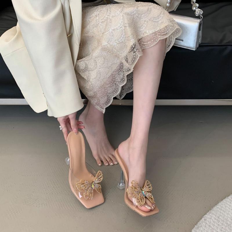 サンダル レディース ラインストーン ビジュー クリア オープントゥ ピンヒール ハイヒール バックストラップ ミュール セクシー エレガント きれいめ 合成皮革 春夏