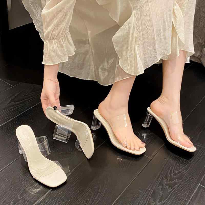 サンダル レディース クリアヒール 太ヒール ハイヒール ワンストラップ オープントゥ ミュール スライドサンダル PUレザー ホワイト おしゃれ 欧米風 普段使い 春夏