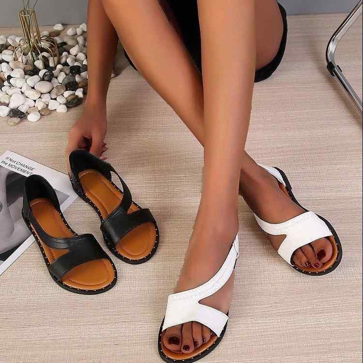サンダル レディース ローマ風 欧米風 オープントゥ ワンストラップ フラット バックストラップ 大きいサイズ ゆったり 大人用 歩きやすい 軽量 普段使い リゾート 合成皮革 ゴム底 無地 春夏 ホワイト ブラック