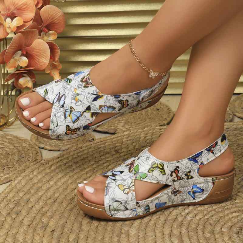 サンダル レディース ウェッジソール 厚底 ミュール 蝶々柄 バタフライ柄 太ベルト 大きいサイズ ラウンドトゥ PUレザー ゴム底 マジックテープ サマー カジュアル 普段使い