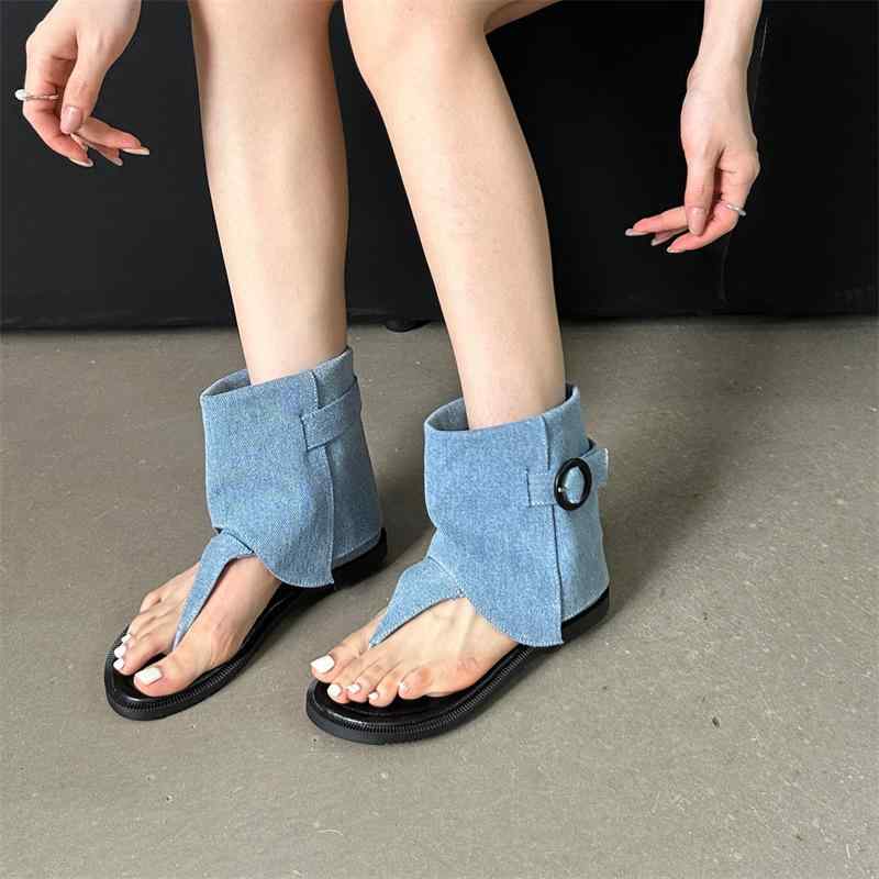 サンダル レディース 夏 デニム生地 ローマ風 欧米スタイル トング 鼻緒 フラット ぺたんこ ローヒール..