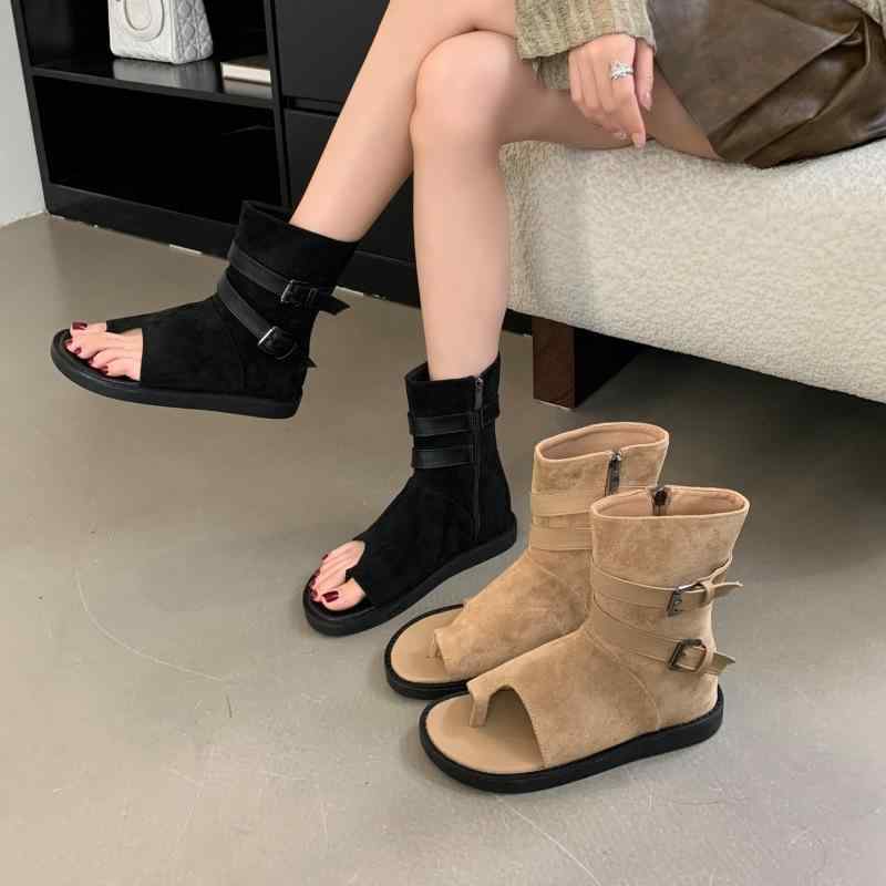 涼鞋 レディース 欧米風 ファッション 快適 履きやすい フラットソール ぺたんこ ハイカット グラディエーター ローマ風 スエード調 ラウンドトゥ ブラック カーキ 春夏 普段使い お出かけ カジュアル リゾート