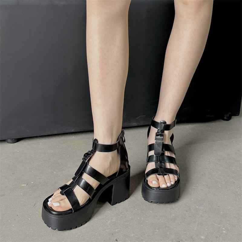 サンダル レディース 春夏 欧米風 太ヒール グラディエーター 厚底 ハイヒール オープントゥ カットアウト PUレザー 合成皮革 ブラック ホワイト 安定感 カジュアル