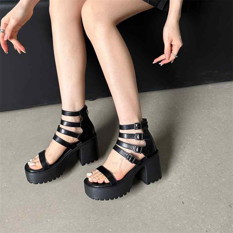 サンダル レディース 韓国 グラディエーター オープントゥ 太ヒール 厚底 ハイヒール カットアウト ラウンドトゥ バックル 春夏 合成皮革 ブラック ベージュ カジュアル