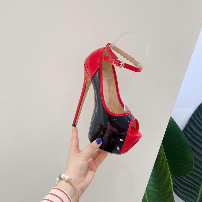 パンプス レディース 16cmヒール スーパーハイヒール ピンヒール オープントゥ エナメル 合成皮革 レッド 無地 欧米風 シンプル ミドルカット 春秋 ラバーソール パーティー 結婚式 二次会 普段使い