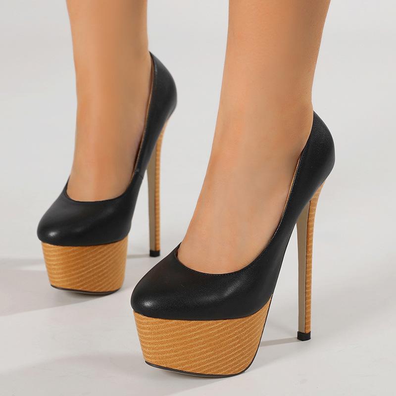 パンプス レディース 16cm ピンヒール 木目調 厚底 ラウンドトゥ パーティー 結婚式 二次会 フォーマル 欧米風 エレガント PUレザー ブラック 春秋 大人用