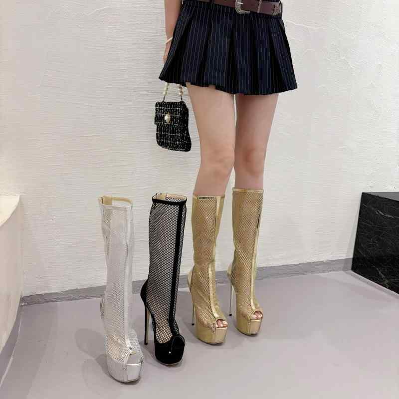 サマーブーツ レディース 女性用 オープントゥ メッシュ くり抜き ロングブーツ 細ヒール ピンヒール プラットフォーム 厚底 ハイヒール おしゃれ 美脚 PUレザー 黒 金 銀 パーティー ドレス キャバ嬢 普段使い 春夏 シューズ 靴