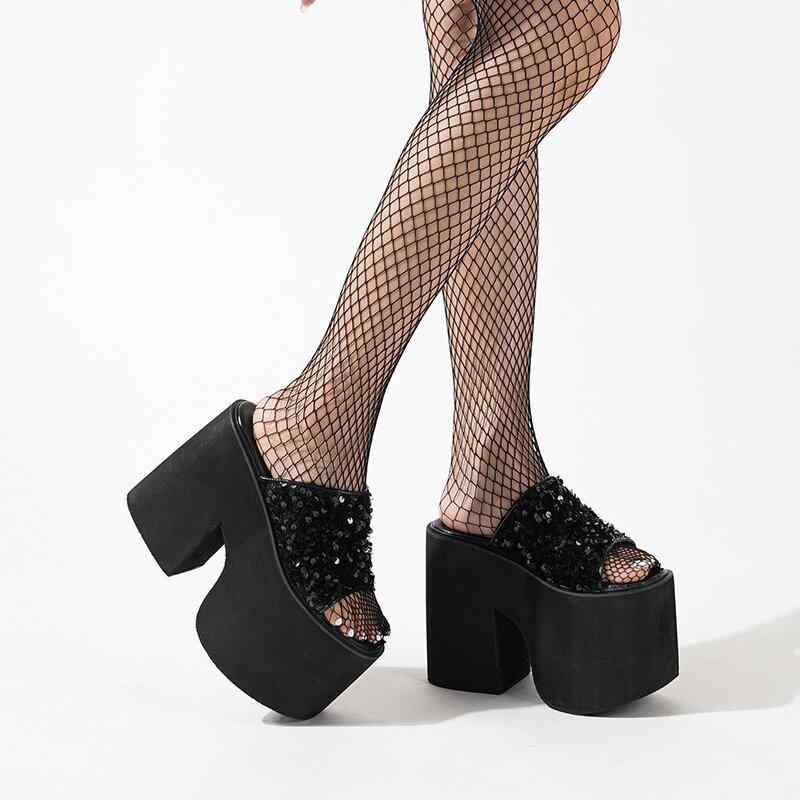 サンダル レディース 春夏 ブラック 厚底 プラットフォーム チャンキーヒール スパンコール ワンバンド オープントゥ ミュール 合成皮革 ラバーソール おしゃれ カジュアル 普段使い