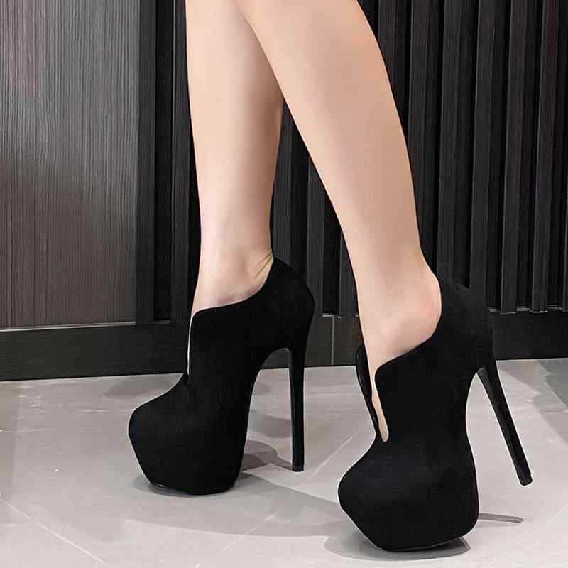 ブーツ レディース 秋冬 Vカット 16cm ピンヒール ハイヒール アンクルブーツ ストーム 厚底 スエード調 ラウンドトゥ ブラック