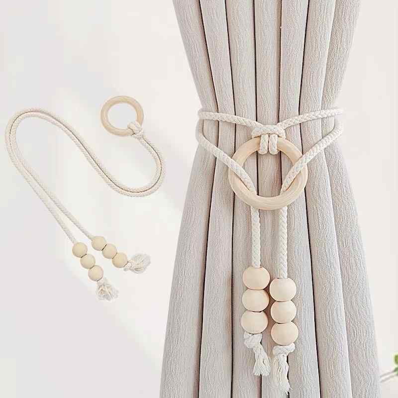 カーテンタッセル 北欧風 シンプル おしゃれ 綿麻 フリンジ 結び目 ロープ ナチュラルウッド ブラウン ..