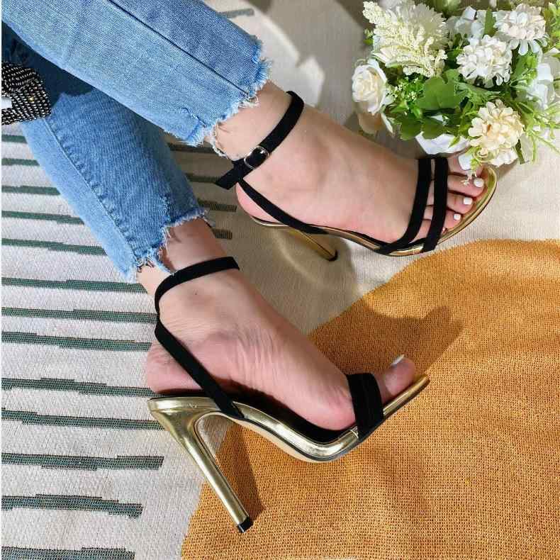 サンダル レディース 女性用 一本ベルト アンクルストラップ バイカラー 配切り替え ピンヒール ハイヒール オープントゥ スエード調 欧米スタイル エレガント オフィス 通勤 パーティー シルバー ゴールド 春夏