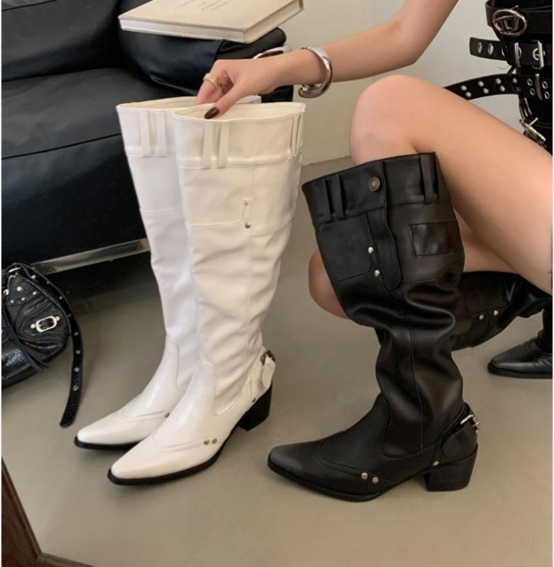 ブーツ レディース ポインテッドトゥ 太ヒール チャンキーヒール ハイヒール ロング ルーズ クシュクシ..