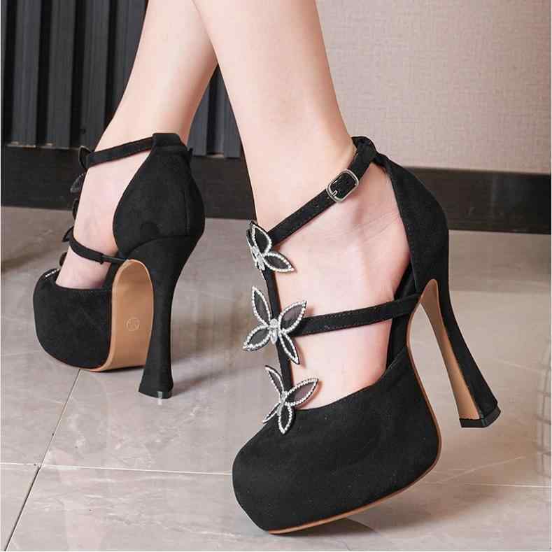 ハイヒール パンプス レディース 厚底 プラットフォーム リボン ラインストーン Tストラップ 太ヒール カットアウト ラウンドトゥ スエード調 バックル パーティー フォーマル エレガント 春夏 ブラック