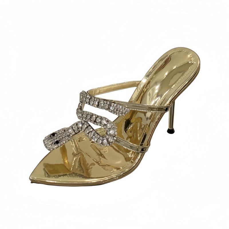 サンダル レディース 女性用 欧米風 ポインテッドトゥ ラインストーン 蛇モチーフ トゥーリング ミュー..