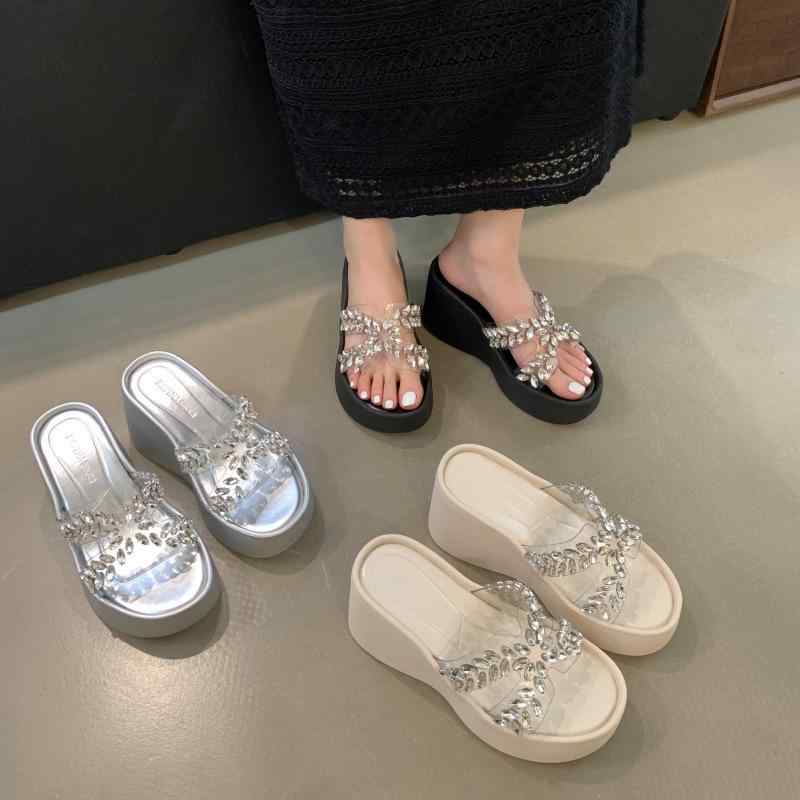 サンダル レディース 厚底 ハイヒール クリア ラインストーン ワンストラップ スライドサンダル PVC ゴム底 オープントゥ 安定感 カジュアル 普段使い アイボリー シルバー ブラック 春夏