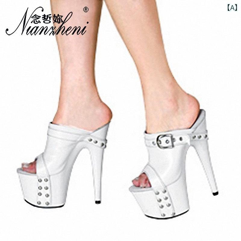 サンダル レディース オープントゥ ミュール セクシー 17cmヒール 超厚底 スティレットピンヒール スタッズ ベルト プラットフォーム ポールダンス ナイトクラブ パーティー ショーモデル イベント用 大きいサイズ フェイクレザー 白 赤 黒