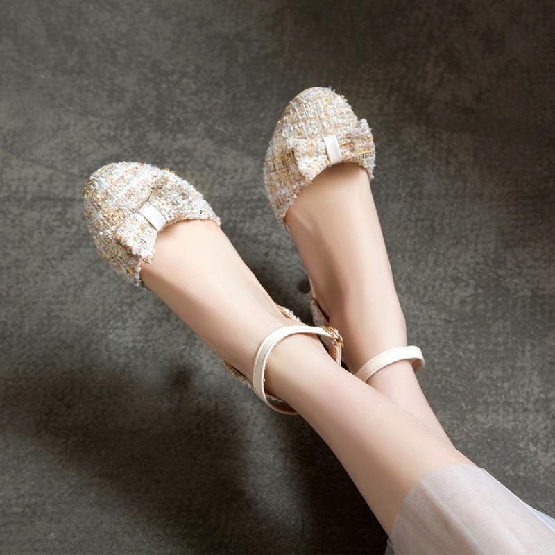 サンダル レディース つま先カバー ラウンドトゥ 細ヒール ミドルヒール 編み込み アンクルストラップ バックル エレガント 春夏 シンプル ベーシック 万能 フェイクレザー ブラック アプリコット