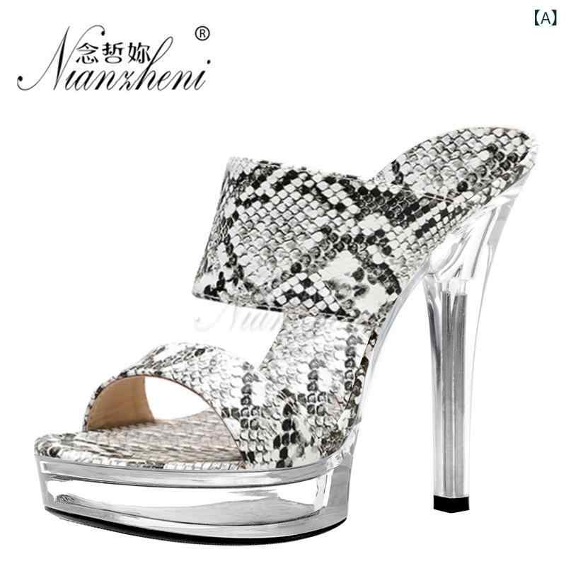 ミュール サンダル レディース セクシー ヘビ柄 パイソン柄 透かし彫り カットアウト クリスタル ストーム 厚底 クリアソール ピンタイプ スティレット 超高 ハイヒール ポールダンス ステージ イベント パーティー キャバ嬢 人工皮革 春夏
