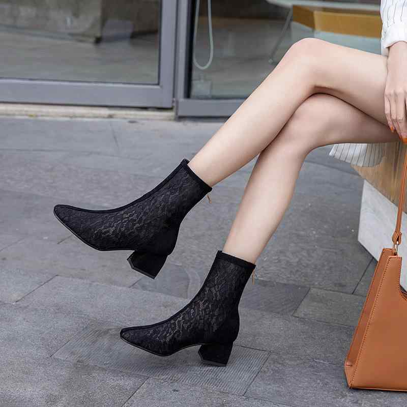 サンダルブーツ レディース 女性用 春夏 ショート丈 メッシュ シースルー 太ヒール チャンキーヒール カットアウト ラウンドトゥ サイドジップ 小足 大きいサイズ対応 ブラック 韓国ファッション シューズ 靴 PVC ラバーソール