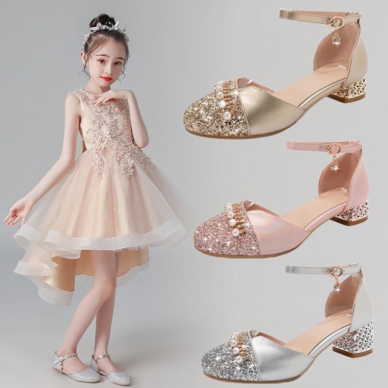 プリンセスシューズ 女の子 キッズ ラインストーン ハイヒール ストラップサンダル シルバー 合皮 ドレスシューズ フォーマル 発表会 演奏会 結婚式 パーティー イベント