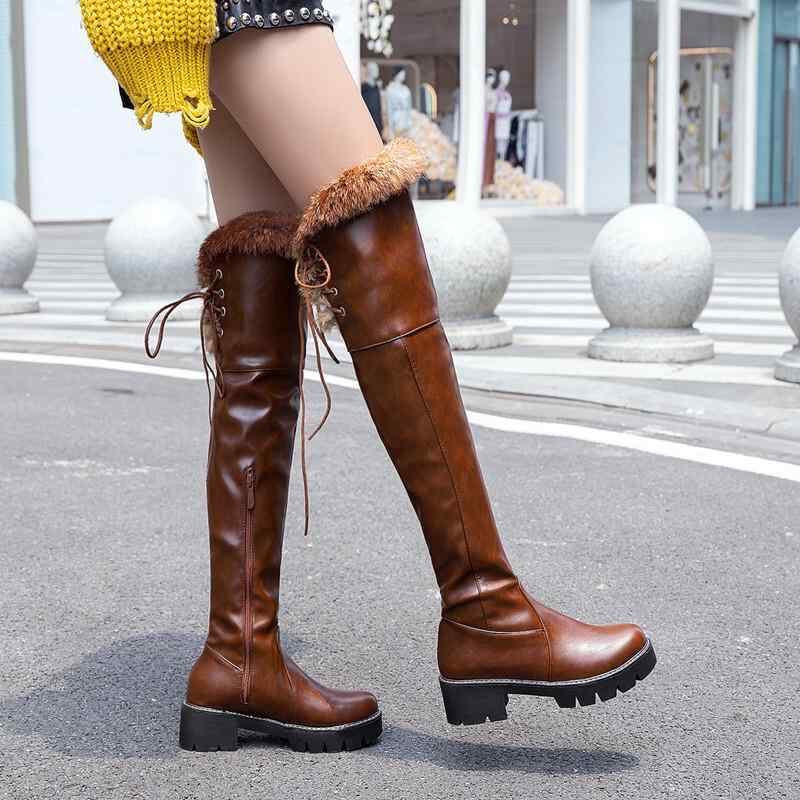 ブーツ レディース 冬 ニーハイ オーバーニー 厚底 太ヒール チャンキー ミドルヒール レースアップ 編み上げ ファー襟 ジョッキーブーツ スノーブーツ 防寒 保温 裏起毛 大きいサイズ ブラック ホワイト ブラウン