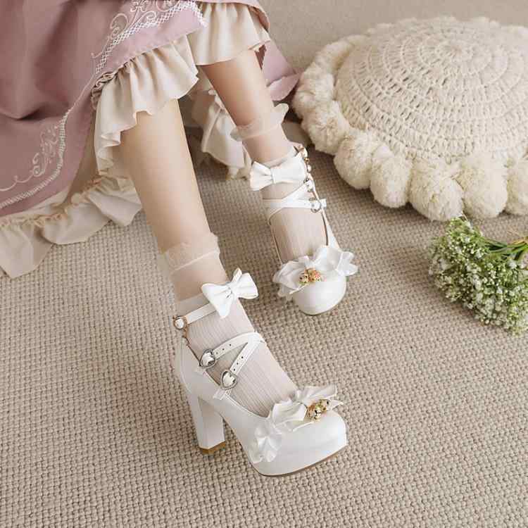 シューズ レディース ロリータ メリージェーン パンプス 厚底 プラットフォーム 太ヒール リボン レー..